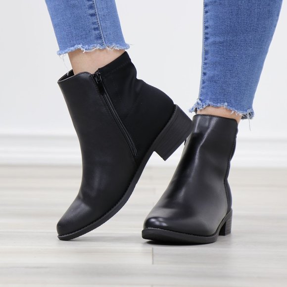 Black Dual Material Round Toe Low Heel Ankle Boots - Picture 11 of 12